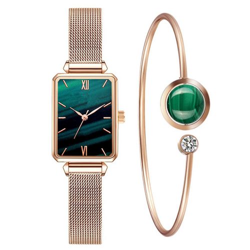 Green Dial Quartz Women Watch Bracelet Set
